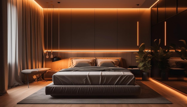 Luxury modern bedroom with comfortable bedding and lighting generated by AI