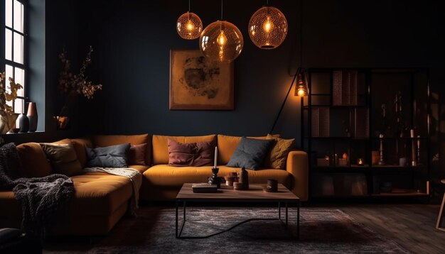 Luxury modern living room illuminated by lighting equipment generated by AI