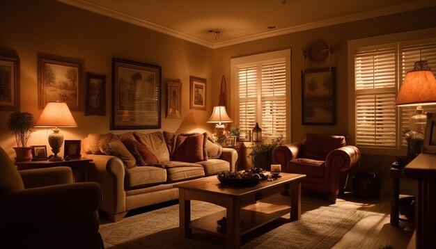 Роскошная современная гостиная с удобным диваном, созданным искусственным интеллектом