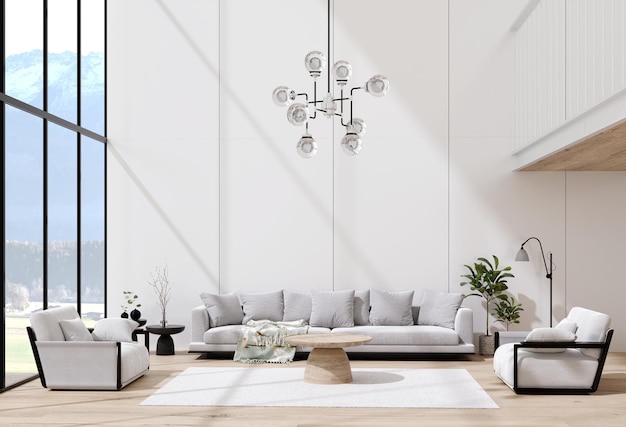 Luxury modern white apartment with grey sofa and plant. 3d render