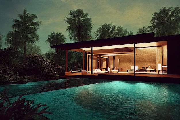 무료 사진 럭셔리 풀 빌라 화려한 현대 디자인 디지털 아트 부동산 주택 및 부동산 ge