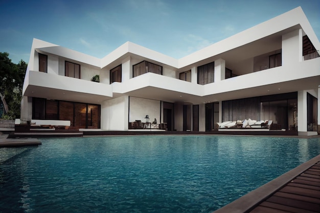 Роскошная вилла с бассейном, впечатляющий современный дизайн, цифровое искусство, недвижимость, дом, дом и недвижимость