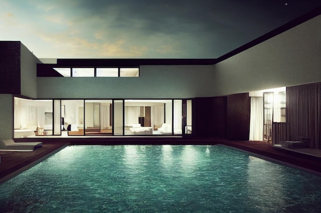Роскошная вилла с бассейном, впечатляющий современный дизайн, цифровое искусство, недвижимость, дом, дом и недвижимость