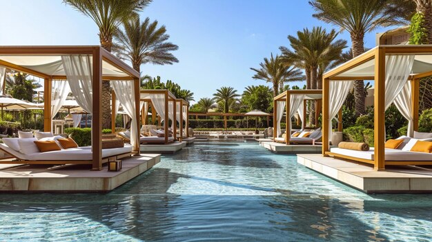 A luxury poolside experience where guests bask in the opulence of cabanas