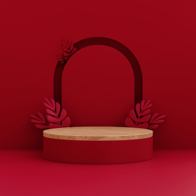 Luxury Red Podium mockup for product presentation decorated with Flat leaves 3D Rendering