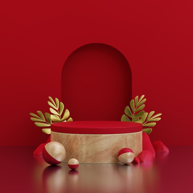Free photo luxury red podium mockup for product presentation decorated with gold leaves 3d rendering