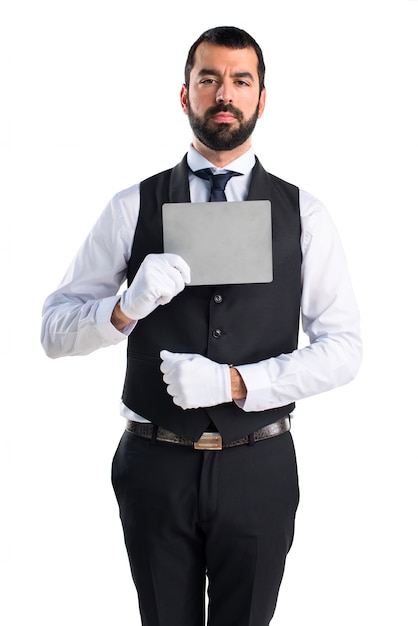 Luxury waiter holding an empty placard