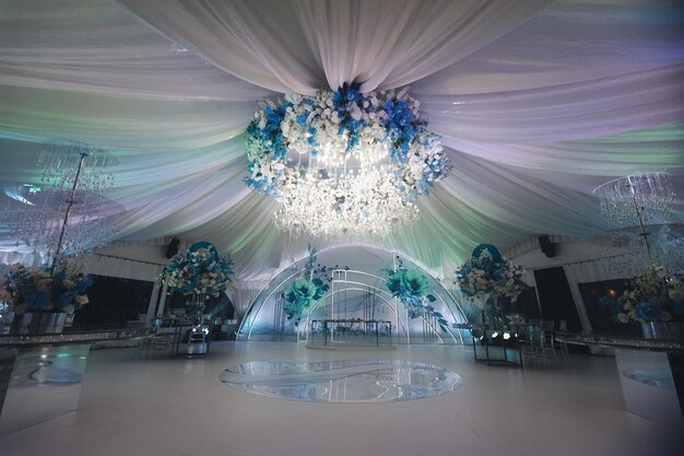 luxury wedding tent with decor and banquet