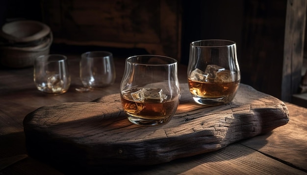 Foto gratuita whisky e brandy di lusso in un bar rustico generato da ai