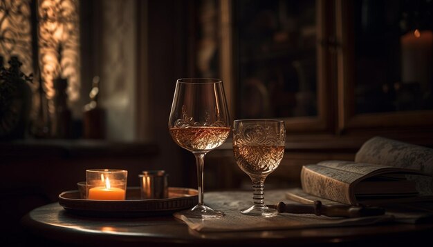 Luxury wine bottle on rustic wooden table generated by AI