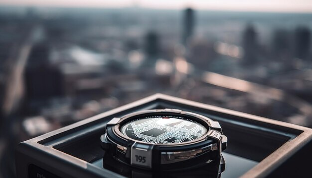 Luxury wristwatch exudes elegance on city skyline rooftop generated by AI