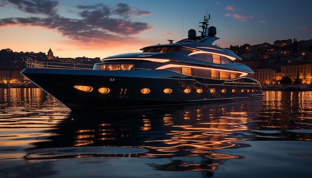 Luxury yacht sails through dark night reflecting city illuminated skyline generated by artificial intelligence
