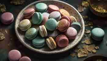 Free photo macaroons stacked high on rustic table generated by ai