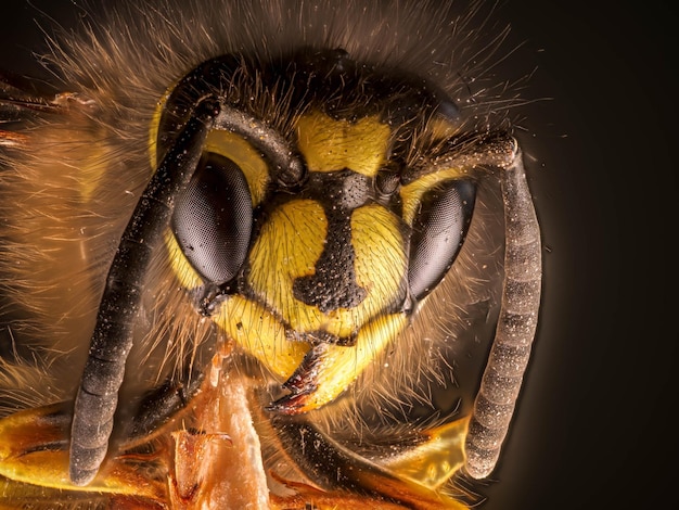 Macro of a bee head on a black background