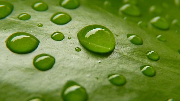 Macro shot of water drops on a green leaf