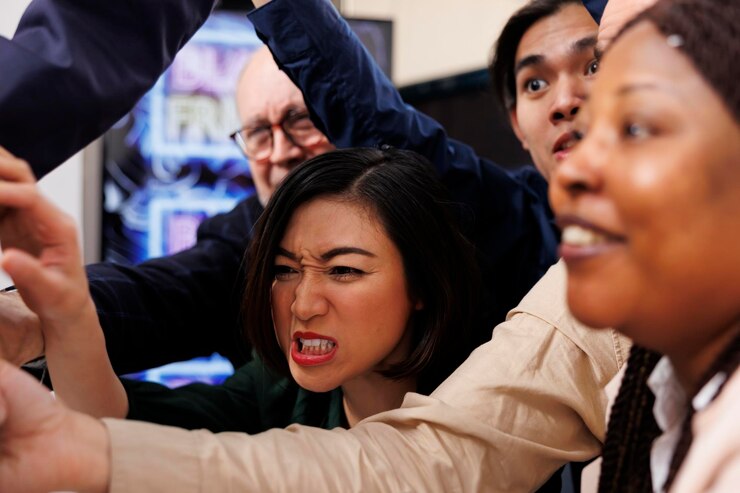 無料Photo ブラックフライデーに狂ったように取り憑かれた多様な人々が、ショッピングモールに侵入しながら警備員を押しのけ、狂ってしまった。店内に入ろうと列をなして争う狂乱した攻撃的な買い物客の群衆
