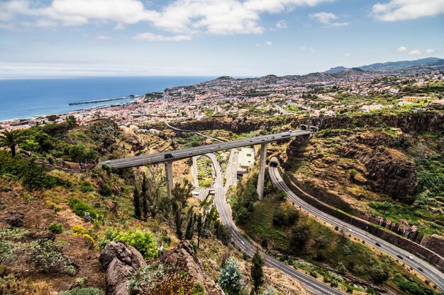 Madeira island Portugal typical landscape, Funchal city panorama view from botanical garden