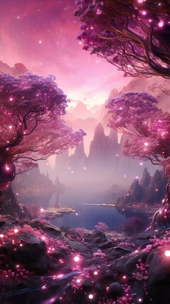 Пурпурный фантастический пейзаж с природой