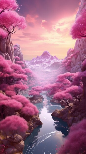 Magenta fantasy landscape with nature