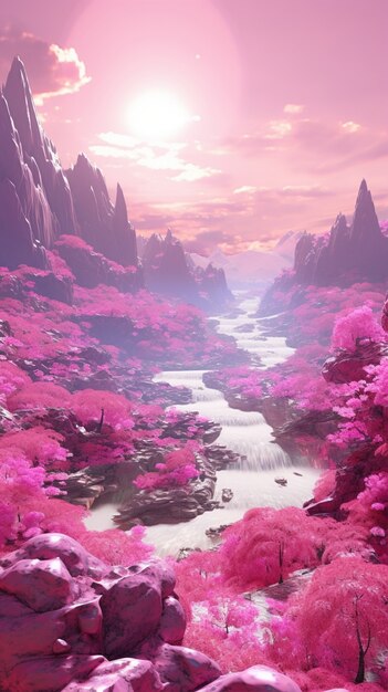 Magenta fantasy landscape with nature