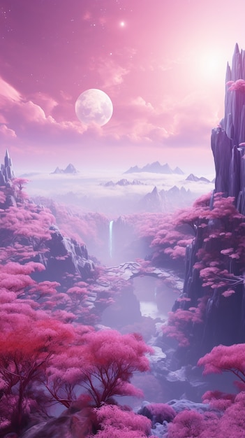 Magenta fantasy landscape with nature