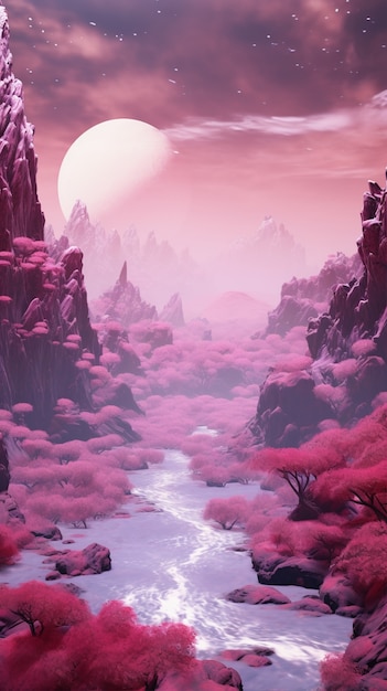 Magenta fantasy landscape with nature