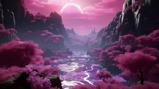 Magenta landscape with fantasy nature