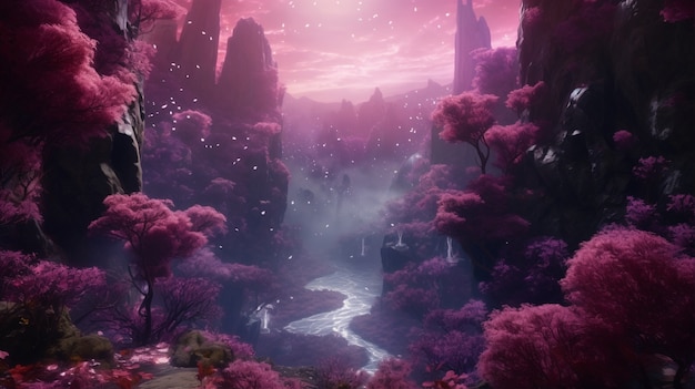 Magenta landscape with fantasy nature