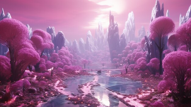 Magenta landscape with fantasy nature