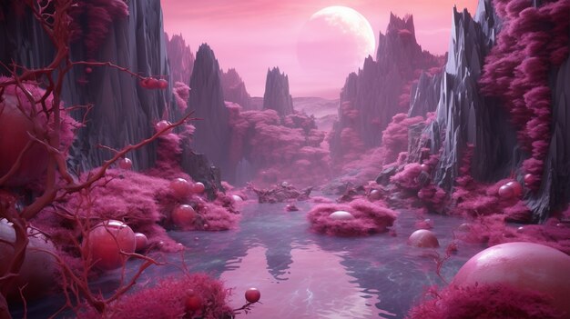 Magenta mystical landscape with nature