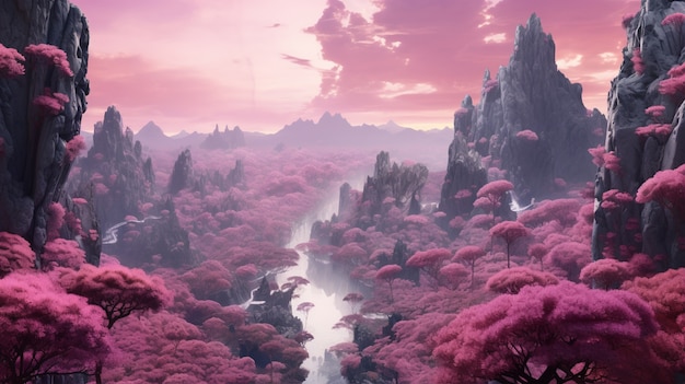 Пурпурный мистический пейзаж с природой