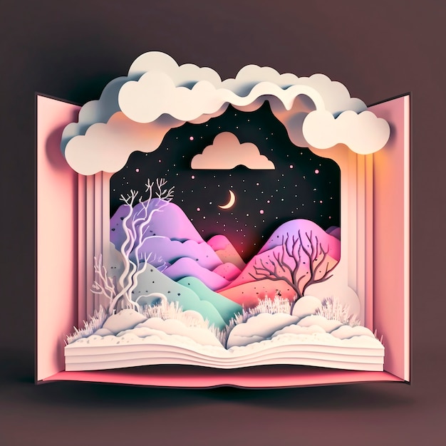 Magic fairy tale book of colorful mountain landscape at night