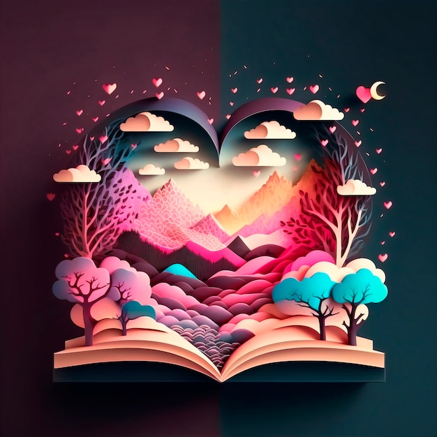 Magic fairy tale book of colorful mountain landscape at night