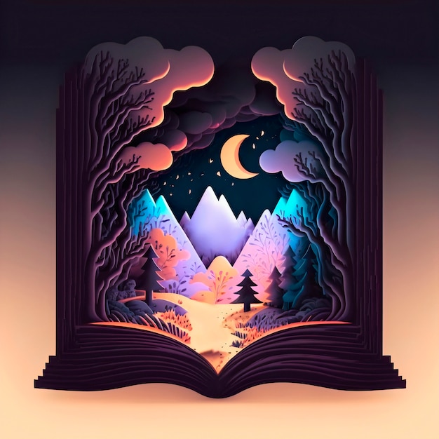 Magic fairy tale book of colorful mountain landscape at night