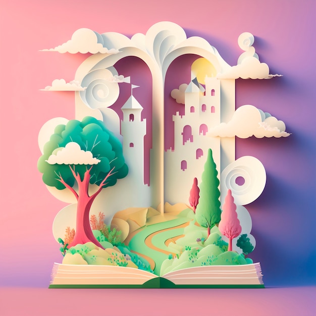 Free photo magic fairy tale book illustration with beautiful forest and a castle