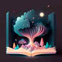 Free photo magic fairy tale book illustration with a big tree at night