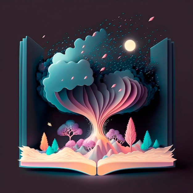 밤에 큰 나무가 있는 마법의 동화책 삽화