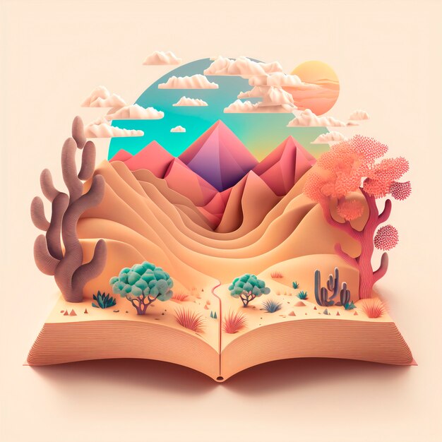 귀여운 사막 풍경이 있는 마법의 동화책 삽화