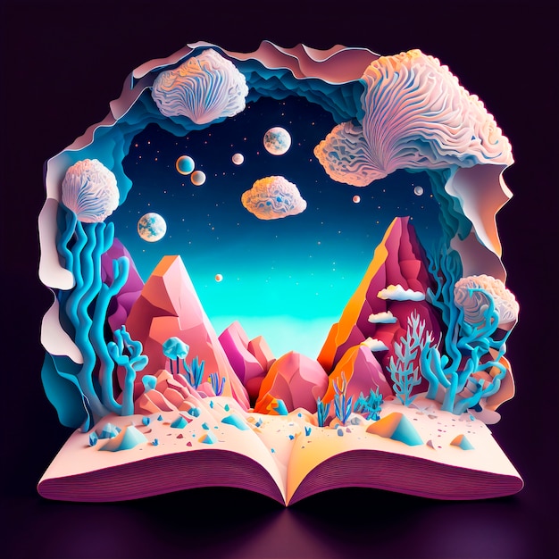 Free photo magic fairy tale book illustration with fantasy landscape