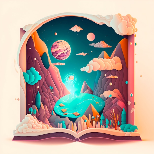 Free photo magic fairy tale book illustration with galaxy landscape at night