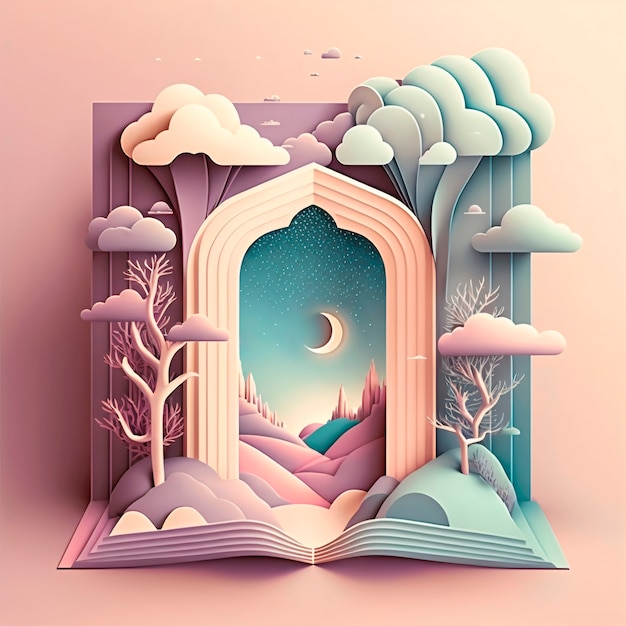 Magic fairy tale book illustration with night landscape and mountains