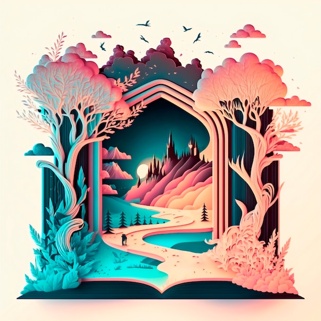 Magic fairy tale book illustration with people walking in the wood at sunset