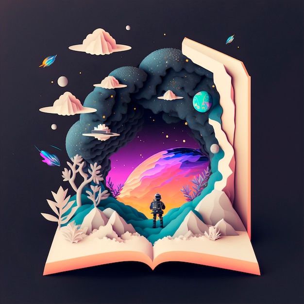 Magic fairy tale book illustration with robot in other planet