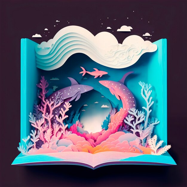 Волшебная книжная иллюстрация сказки с морским пейзажем и большими рыбами