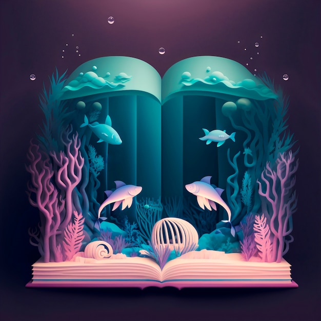 Free photo magic fairy tale book illustration with seascape and marine fauna