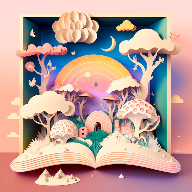 Magic fairy tale book illustration with trees and big mushrooms