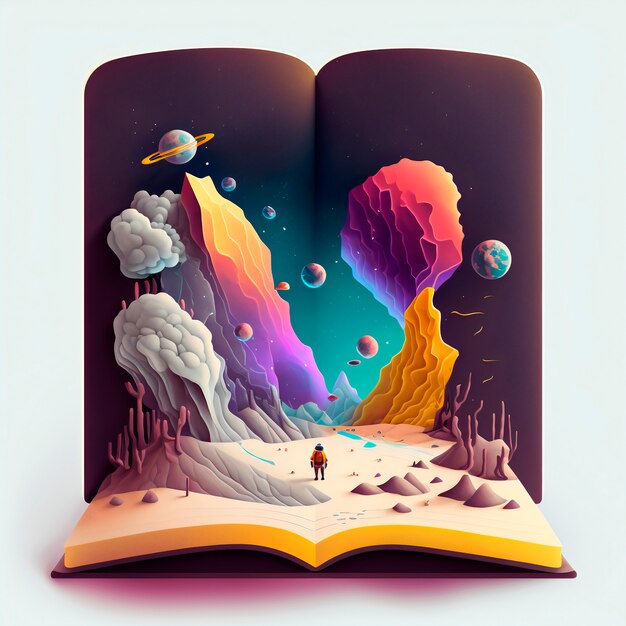 Magic fairy tale book with galaxy landscape