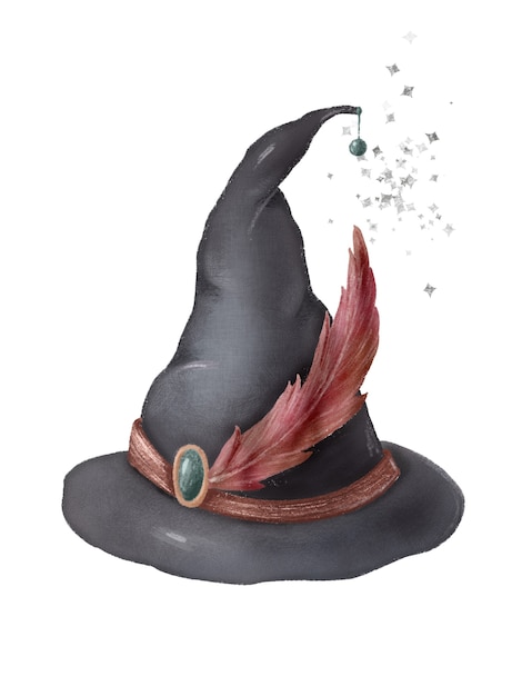 魔法の魔女の帽子と羽の手描きイラスト プレミアム写真