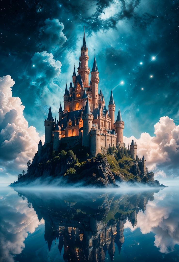 Free Photo magical castle in fantasy landscape