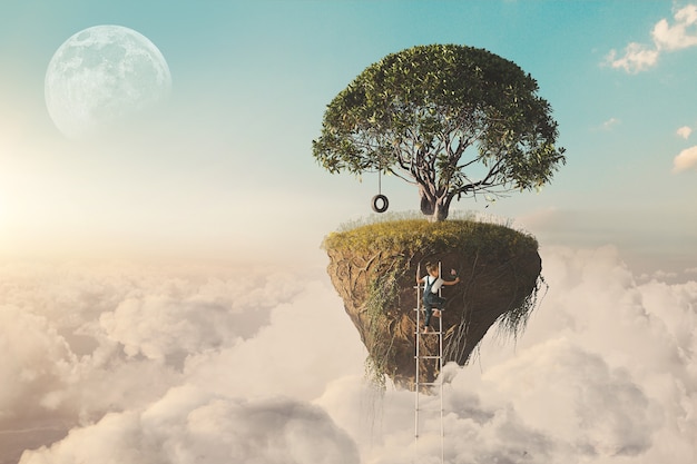 Magical Landscape with Kid Climbing Ladder – Free Stock Photo